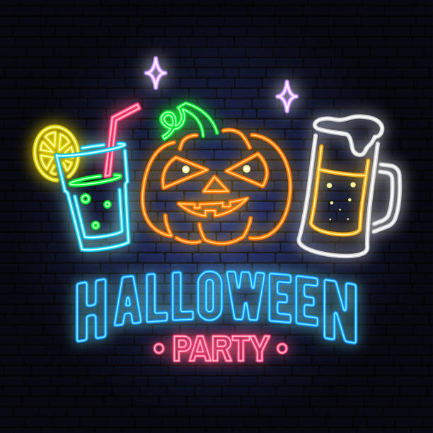 Halloween party neon sign. Vector illustration. Happy Halloween light banner with Beer, cocktail and pumpkin. Halloween party neon sign. Vector illustration. Happy Halloween light banner with Beer, cocktail and pumpkin. Night bright advertisement. Neon sign for banner, billboard, promotion or advertisement. halloween marketing for restaurants stock illustrations