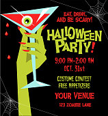 istock Halloween party poster template with monster hand holding martini glass filled with blood and eyeball. 1177109134