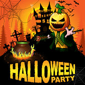 istock Halloween Party Poster with Pumpkin Cartoon Character. Vector illustration. 1040941540