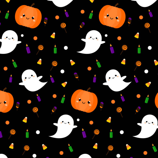 ilustrações de stock, clip art, desenhos animados e ícones de halloween pattern with cute ghosts, pumpkin and symbols in kawaii style. holiday background, gift wrapping print - baby 6 months introducing food