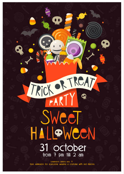 Halloween poster with sweets Halloween poster with a pack full of sweets and candies. Includes seamless pattern in the background made of white sweets silhouettes. Vector illustration. trick or treat stock illustrations