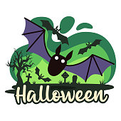 Halloween premade composition with cemetery and bats. Vector