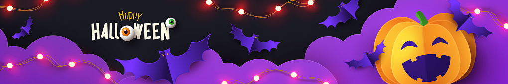Halloween Promotion long horizontal banner with cutest pumpkin and bats in night clouds on violet black background.