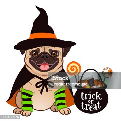 istock Halloween pug dog vector cartoon illustration. Cute chubby sitting pug puppy in witch costume with black hat and cape, cauldron trick or treat bucket filled with candy. Funny Halloween for pets theme. 1053121076