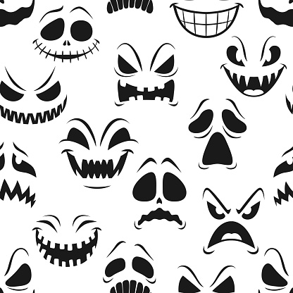 Halloween pumpkin faces vector seamless pattern