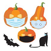 Halloween pumpkin in medical mask, bat, black cat isolated on white background for design. Flat vector stock illustration as collection or set as concept of pandemic, celebration, halloween party