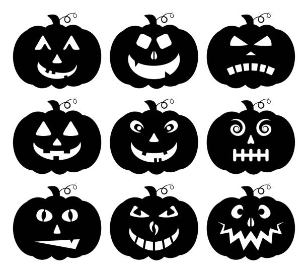 Halloween pumpkin silhouette collection isolated on white. Scary face expression vector set. Funny jack o lantern smile. Cartoon design elements of evil emoticon head. Icon set in eps10 format. Halloween pumpkin silhouette collection isolated on white. Scary face expression vector set. Funny jack o lantern smile. Cartoon design elements of evil emoticon head. Icon set in eps10 format. alphabet clipart stock illustrations