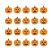 Halloween Pumpkins Faces icon set. Cute cartoon Jack-o'-Lantern s isolated on white. Halloween party decorations. Easy to edit vector template.
