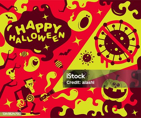 istock Halloween Safety and Spooky Frankenstein shines the flashlight showing a No Coronavirus Sign (stop infection) 1341824700