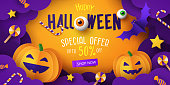 Halloween Sale Promotion banner with cutest pumpkins, bat and candy in night clouds. Paper cut, digital craft style. Halloween web Sale design, poster, party invitation or greeting card template