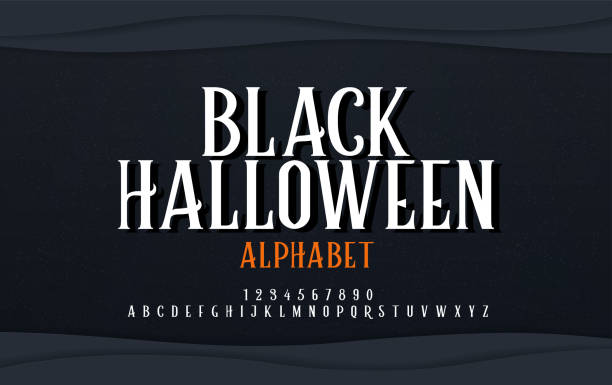 bildbanksillustrationer, clip art samt tecknat material och ikoner med halloween skrämmande alfabetet teckensnitt. typografi svart halloween logo design koncept. vektorillustration - fasa