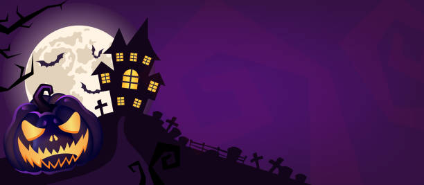 Halloween scary purple vector background. Spooky graveyard and haunted house at night cartoon illustration. Horror moon, bats, creepy pumpkin and graves silhouettes backdrop. Helloween gothic panorama Halloween scary purple vector background. Spooky graveyard and haunted house at night cartoon illustration. Horror moon, bats, creepy pumpkin and graves silhouettes backdrop. Helloween gothic panorama halloween background stock illustrations