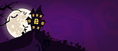 istock Halloween scary vector background. Spooky graveyard and haunted house at night cartoon illustration. Horror moon, bats and graves silhouettes creepy backdrop. Helloween gothic panorama with cemetery 1173628681