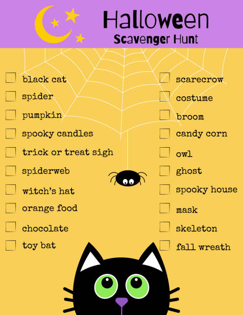 Halloween scavenger hunt. Funny game for kids. Printable worksheet. Black cat and spider. Activities ideas supplies. scavenging stock illustrations