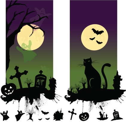 Two scenes, a jack o lantern in a cemetry with ghosts and a cat under a full moon with bats. vector