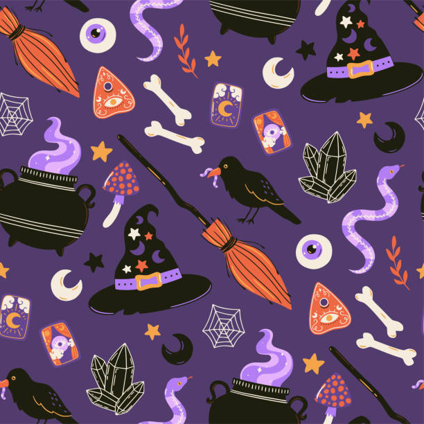 Halloween seamless pattern. Hand drawn holiday background. Cute spooky vector illustration. Halloween seamless pattern with cute esoteric elements. Spooky vector illustration. Trick or treat holiday background. Hand drawn endless texture for textile, wrapping paper, fabric design. planchette stock illustrations