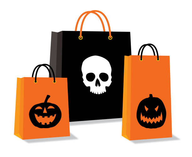 Halloween Shopping Bags Vector illustration of three orange and black halloween shopping bags with a skull and pumpkins on them. halloween packaging stock illustrations