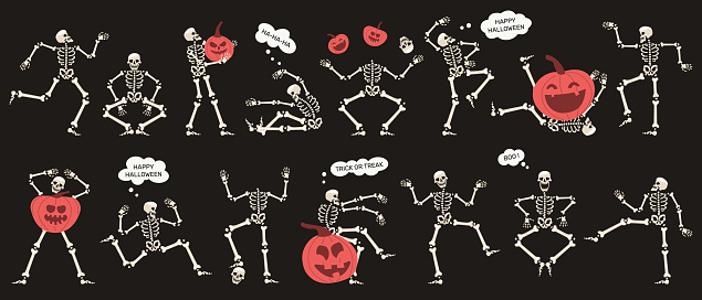 Halloween skeletons with pumpkins. Spooky halloween party skeletons characters isolated vector illustration set. Skeleton mascots and pumpkins