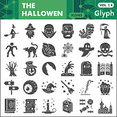 Halloween solid icon set, autumn holiday symbols collection or sketches. Halloween party glyph style signs for web and app. Vector graphics isolated on white background