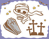 Halloween themed mummy head, coffin and graveyard. Vector illustration.