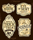 Vector Halloween labels in old fashioned style designs. Includes text design that read 'Black Widow Venom', Eye of Newt Hand crafted Premium Potion, Magical Trick or Treat Potion, Fast Acting Poision - Deadly Brew 1587. Download includes Illustrator 10 eps, high resolution jpg and png file.
