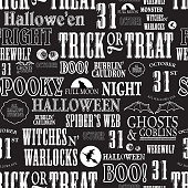 Vector illustration of Hallowe'en themed words in black and white. Seamless repeating background. Download includes Illustrator 8 eps, high resolution jpg and png file.