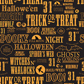 Vector illustration of Hallowe'en themed words in orange on a black background. Seamless repeating background. Download includes Illustrator 8 eps, high resolution jpg and png file.