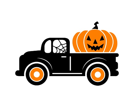 Halloween truck  silhouette with orange pumpkin.