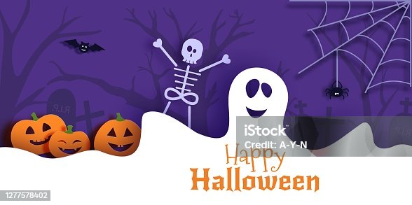 istock Halloween vector card illustration in paper cut style 1277578402