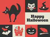 Minimalist and modern greeting card or invitation design for Halloween with related icons and symbols.