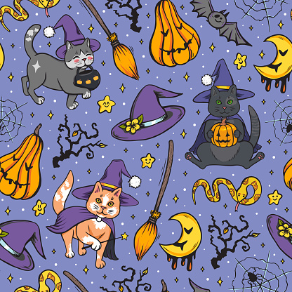 Halloween witch cats seamless pattern in pop art style, hand drawn witchcraft texture with broom, pumpkin, snake, moon and kitties