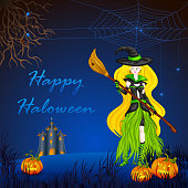 easy to edit vector illustration of Halloween witch with broomstick