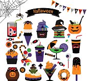 Halloween witchcraft sweets vector flat icons. Pumpkin and muffins, candy and ice cream for kids
