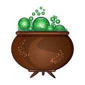 Brown pot with green witches magic broth. Witch bucket of boiling green liquid. Poison potion for Halloween. Stock vector illustration