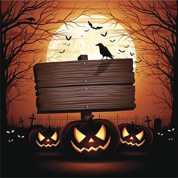 Halloween Wooden Sign Halloween illustration with wooden sign, pumpkins, crow and bats. Space for your Halloween holiday text. halloween background stock illustrations