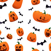 Hallowwen backgraund with pumpkin and bats. The main symbol of the holiday is Halloween. Halloween pumpkins. Orange pumpkin with a smile for your pattern. Vector illustration