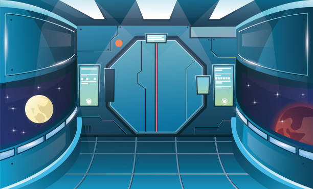 ポートホール付きの宇宙船の廊下。ドア付き未来的なインテリアルーム。ゲームやモバイルアプリケーションの背景。ベクター漫画の背景 - 研究所点のイラスト素材／クリップアート素材／マンガ素材／アイコン素材