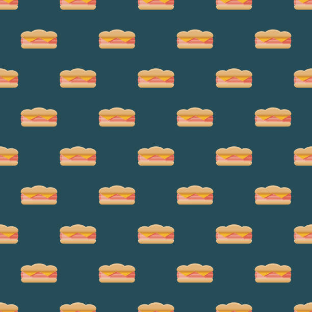 Ham and Cheese Sandwich Pattern A seamless pattern created from a single flat design icon, which can be tiled on all sides. File is built in the CMYK color space for optimal printing and can easily be converted to RGB. No gradients or transparencies used, the shapes have been placed into a clipping mask. sandwich backgrounds stock illustrations