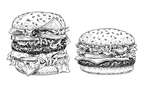 햄버거와 치즈 버거 손으로 그린 벡터 일러스트입니다. 패스트 푸드 새겨진 스타일. 햄버거 스케치 흰색 배경에 고립입니다. - burger stock illustrations