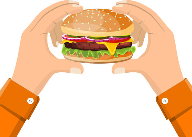 illustrations, cliparts, dessins animés et icônes de hamburger, tenant dans la main, concept de restauration rapide de manger. - eating burger
