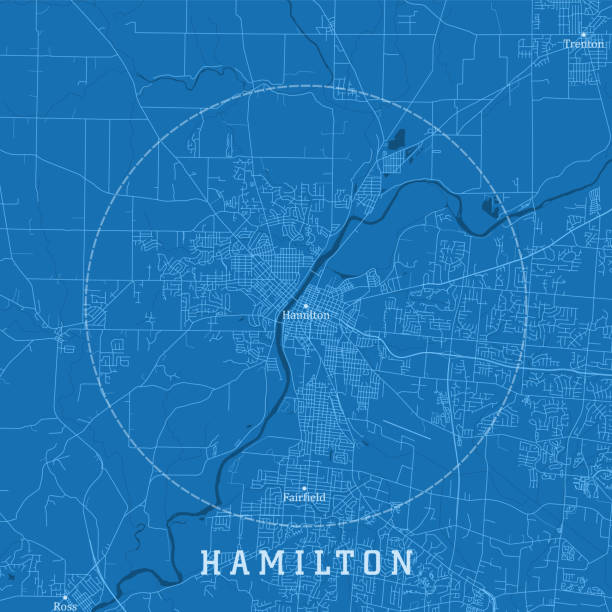 illustrazioni stock, clip art, cartoni animati e icone di tendenza di hamilton oh city vector road map blue text - hamilton