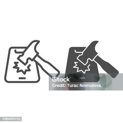 istock Hammer and smartphone line and solid icon, smartphone review concept, hammer hits mobile sign on white background, hammer breaks phone icon in outline style for mobile concept. Vector graphics. 1284092733