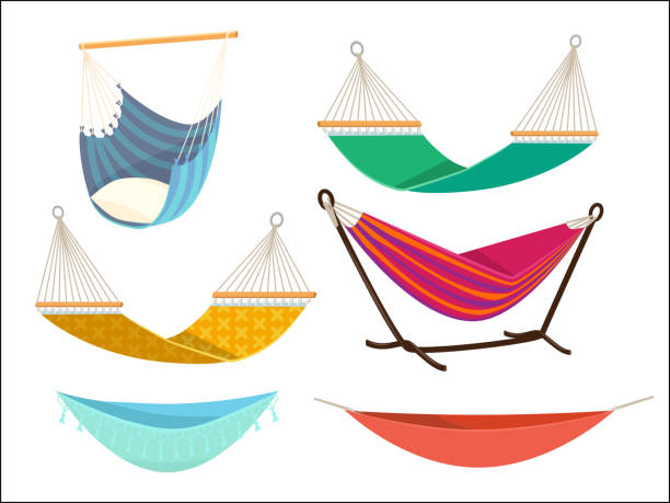 Hammock set. Comfort lifestyle outdoor bed rest place from fabric vector cartoon collection Hammock set. Comfort lifestyle outdoor bed rest place from fabric vector cartoon collection. Hammock swing relax, relaxation comfortable illustration bed furniture patterns stock illustrations