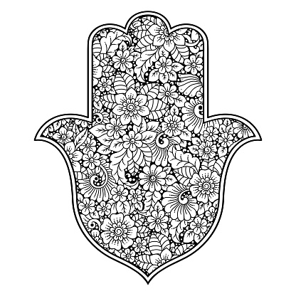 Hamsa Hand Drawn Symbol With Flower Decorative Pattern In Oriental ...