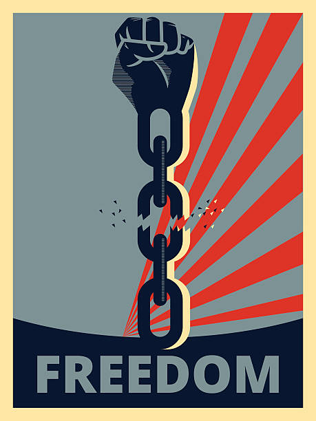Hand breaking chains, freedom Hand breaking chains, freedom poster, vector illustration breaking chains stock illustrations