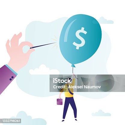 istock Hand bursting large balloon with a needle. Young businessman flies in big balloon with dollar sign 1332798261