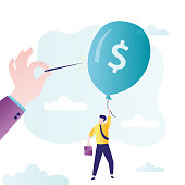 istock Hand bursting large balloon with a needle. Young businessman flies in big balloon with dollar sign 1332798261