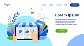 Hand choosing groceries online. Fruit, vegetable, market flat vector illustration. E-commerce and digital technology concept for banner, website design or landing web page