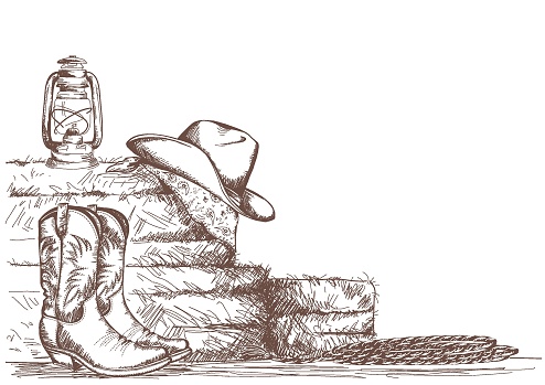 hand draw cowboy background with western boots and west hat in ranch.