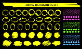 Yellow highlight marker circle frame set vector illustration. Group of hand drawn round frames and marker scribbles. Neon colors highlight blob brush marks for social media or office style design